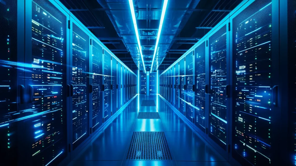 a compelling visual showcases a secure data center, illuminated by soft blue lighting, where rows of high-tech servers symbolize robust iso 27001 data encryption and client trust, contrasted by shadowy figures representing the looming threat of data breaches.