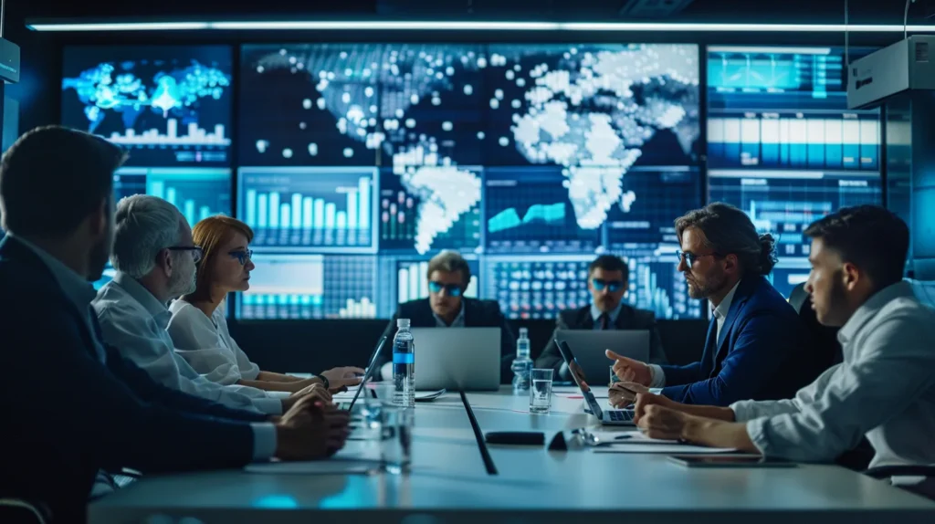 a confident team of professionals engages in a dynamic meeting, surrounded by digital screens displaying data analytics, fostering a sense of collaboration and urgency in addressing a data breach while emphasizing effective communication strategies.