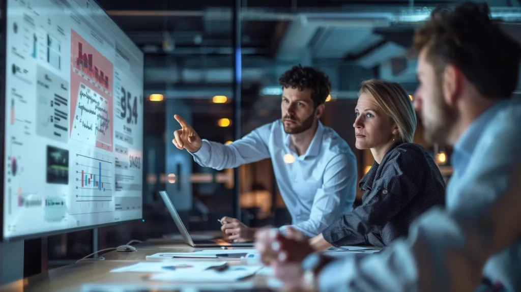 a dynamic and focused team collaborates around a glowing digital screen, meticulously outlining their strategic implementation plan for iso 27001 compliance amidst a backdrop of sleek office design and soft ambient lighting.