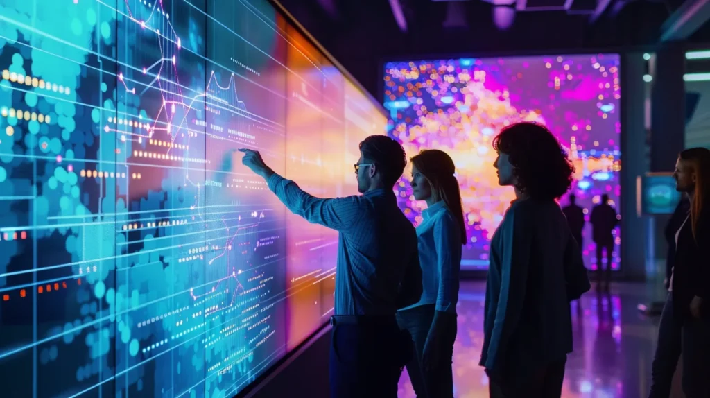 a dynamic and focused team huddles around a large digital screen, analyzing complex data flow charts illuminated by vibrant colors, symbolizing regular assessments of an iso 27001 data breach response plan in a modern, high-tech office environment.