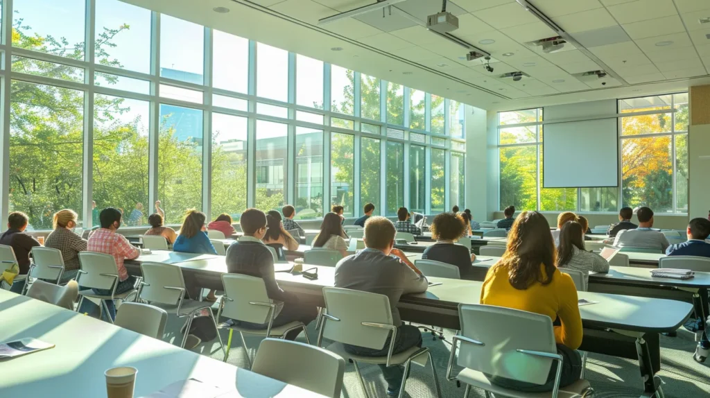 a dynamic classroom filled with engaged employees participating in an interactive iso 27001 security awareness training session, illuminated by soft, natural light streaming through large windows, emphasizing a collaborative learning environment.