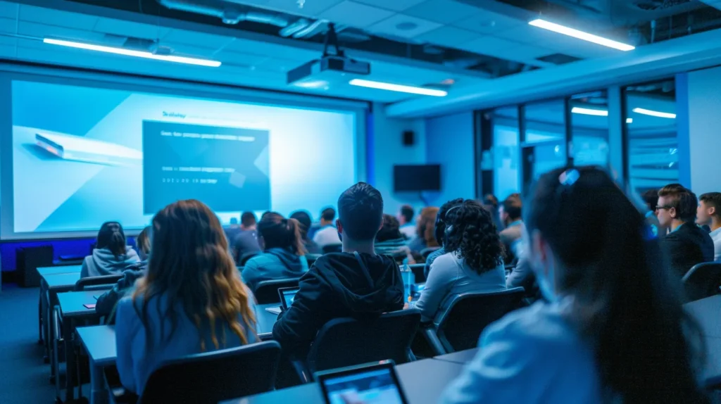 a dynamic classroom setting filled with engaged employees, attentively participating in an iso 27001 training session, illuminated by soft, focused lighting that highlights a central instructor presenting security awareness concepts on a large screen.