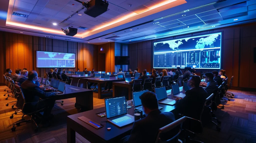 a dynamic conference room filled with engaged employees eagerly participating in an interactive iso 27001 security training session, illuminated by soft, focused lighting that enhances the atmosphere of collaboration and learning.