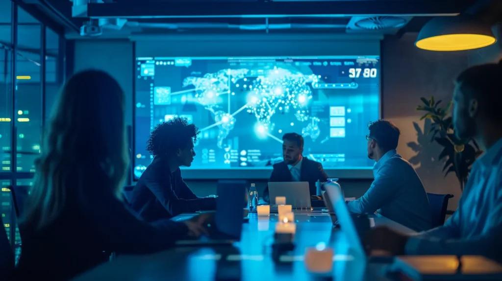 a dynamic cybersecurity training session in a modern office setting, featuring engaged employees attentively watching a vibrant presentation on the iso 27001 framework, illuminated by bright, focused lighting that highlights their expressions of concentration and commitment to security awareness.