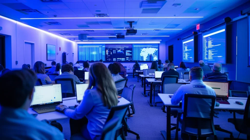 a dynamic training room filled with engaged employees attentively participating in a high-tech security training session, featuring vivid digital displays illustrating antivirus strategies and simulated phishing scenarios, illuminated by soft, focused lighting that emphasizes the importance of cybersecurity awareness.