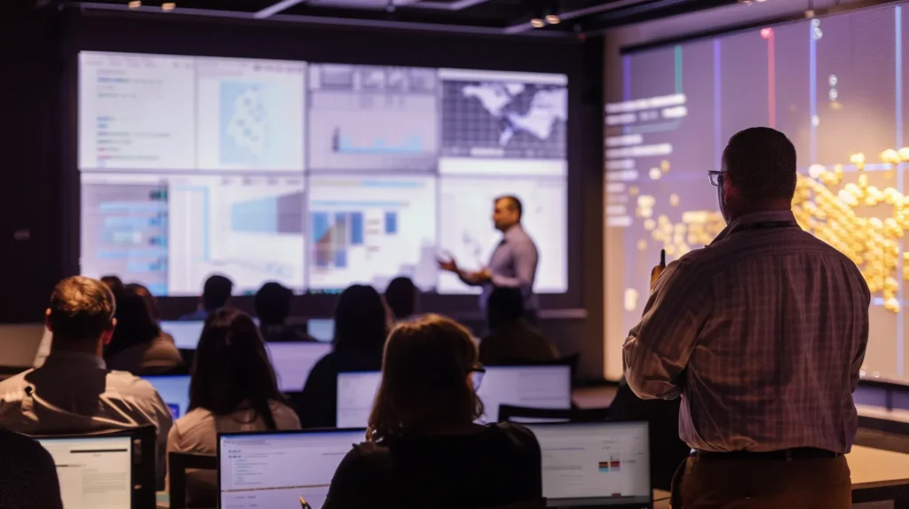 a dynamic training session captures engaged employees attentively focused on a vibrant presentation about essential security principles, surrounded by striking visuals of data breaches and regulatory impacts reflected on a large screen.