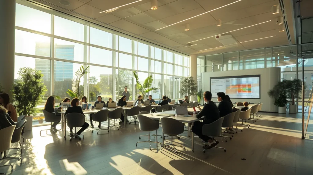 a dynamic training session in a modern conference room, with engaged employees participating in an interactive iso 27001 workshop, illuminated by ample natural light streaming through large windows.