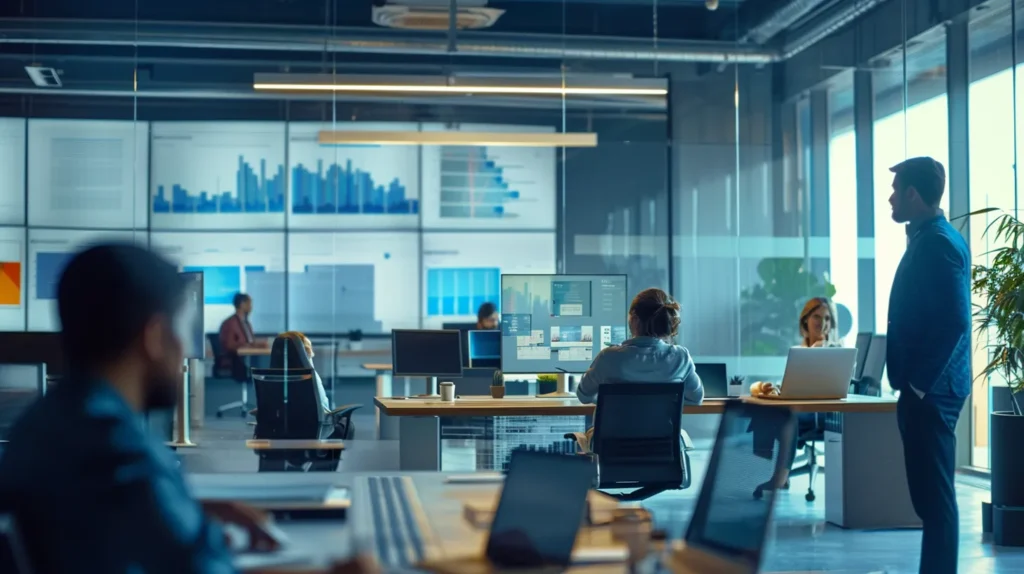 a dynamic training session unfolds in a modern office, illuminated by soft natural light, where employees engage with vivid presentations on cybersecurity measures and compliance, reflecting a commitment to safeguarding sensitive data.