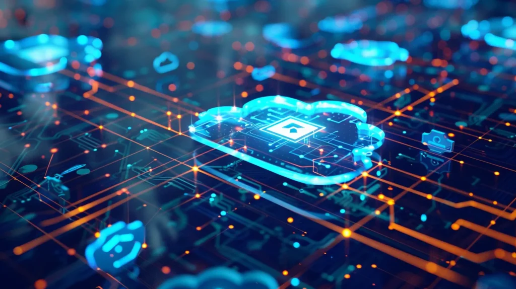 a dynamic visual representation of a secure cloud environment, featuring layers of encrypted shield graphics enveloping sensitive data, illuminated by a soft blue glow to signify robust information security management under iso 27001.