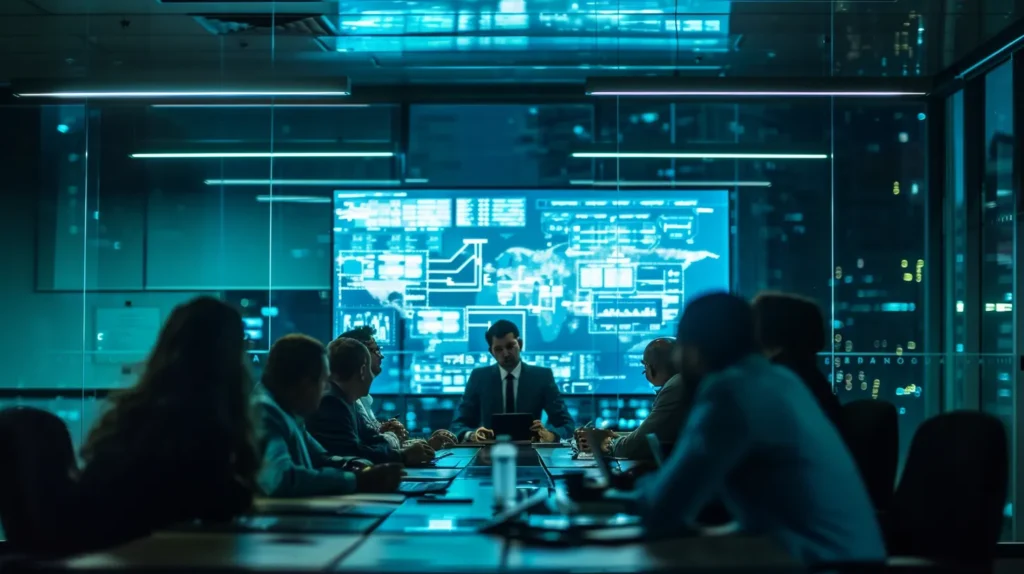 a focused and intense boardroom setting illuminated by soft overhead lighting, showcasing professionals engaged in a dynamic discussion surrounding a prominent digital screen displaying the intricate flowchart of a data breach response plan.