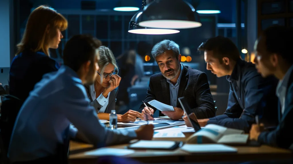 a focused business meeting scene captures diverse stakeholders engaged in a strategic discussion, surrounded by documents and digital tools that symbolize the collaborative effort towards establishing a robust iso 27001 implementation plan, illuminated by soft, focused lighting that highlights their determined expressions.