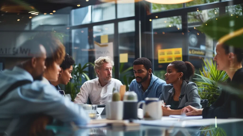 a focused portrait of a diverse group of professionals engaged in a collaborative training session, surrounded by certifications and charts, with a bright, inspiring ambiance highlighting their commitment to enhancing information security through iso 27001 standards.