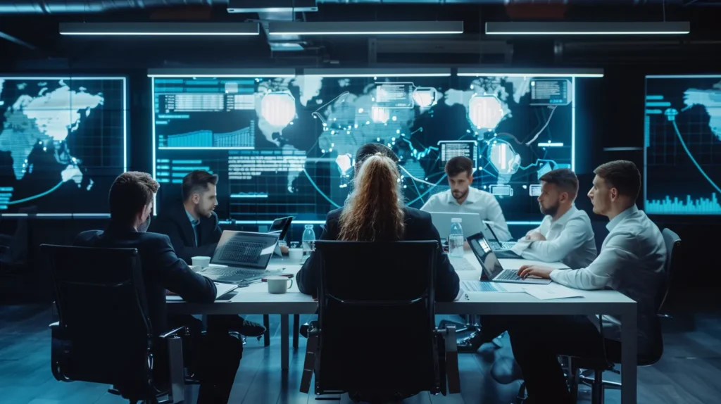 a focused team of cybersecurity professionals engaged in a strategic meeting, surrounded by digital displays and documents, clearly illustrating their defined roles and responsibilities in a data breach response plan.