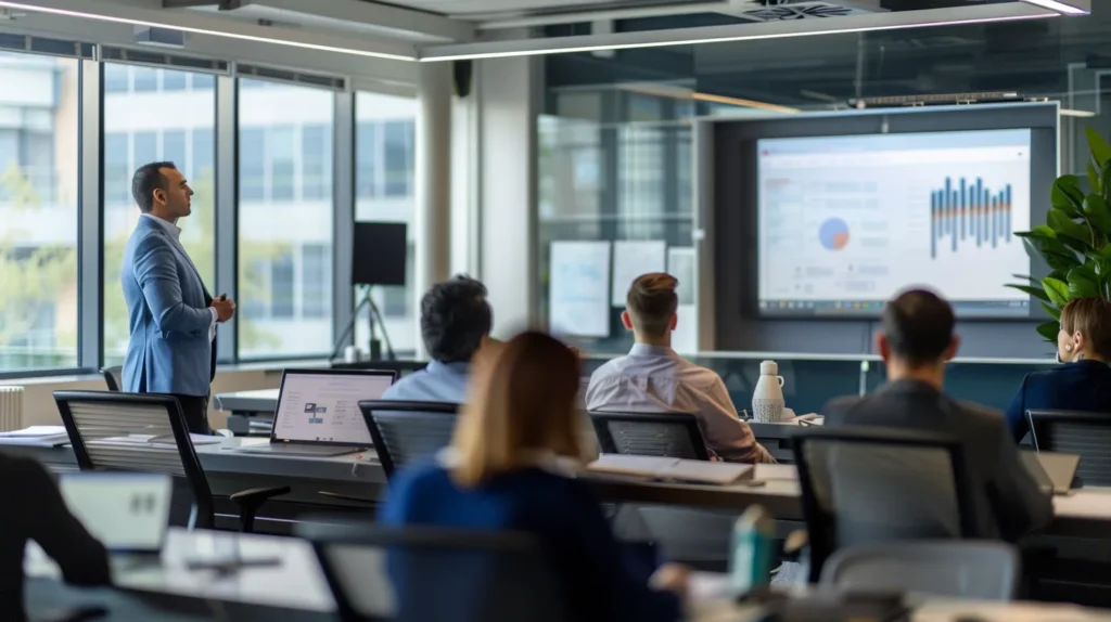 a focused training session in a modern corporate setting, showcasing engaged employees attentively learning about information security policies and compliance standards under warm, ambient lighting.