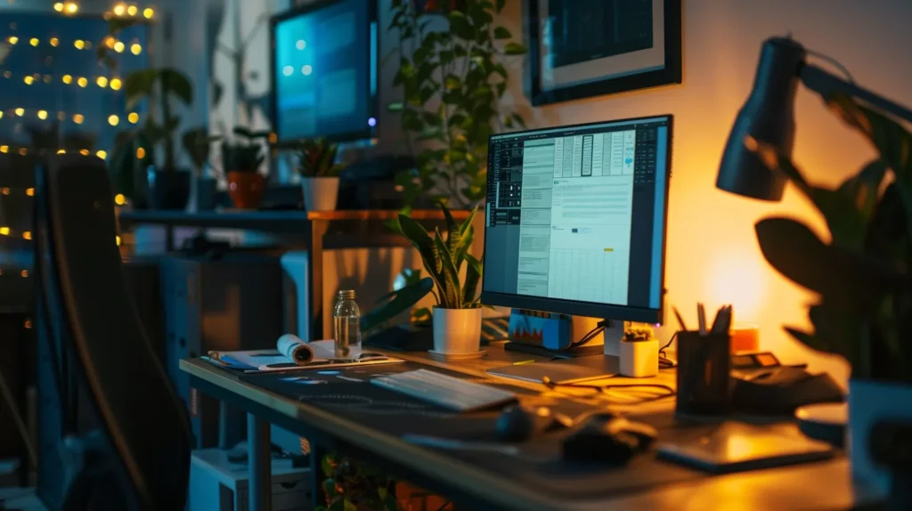 a focused workspace with a detailed iso 27001 implementation plan on a sleek desk, surrounded by modern tools and a warm, inviting light that emphasizes clarity and organization.