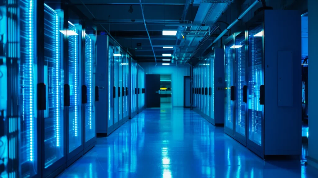 a high-tech data disposal facility illuminated by soft blue light showcases advanced erasure software and secure hardware destruction equipment, symbolizing the rigorous security and compliance of iso 27001 standards.