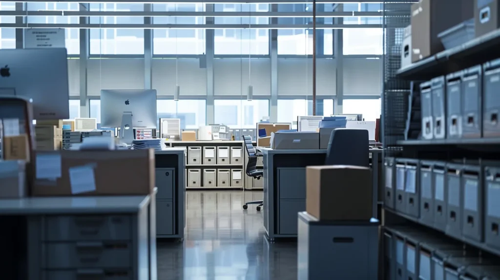 a meticulously organized office setting showcases a secure data disposal process, featuring locked containers for shredding confidential documents under soft, diffused lighting to emphasize the importance of data security compliance with iso 27001 standards.