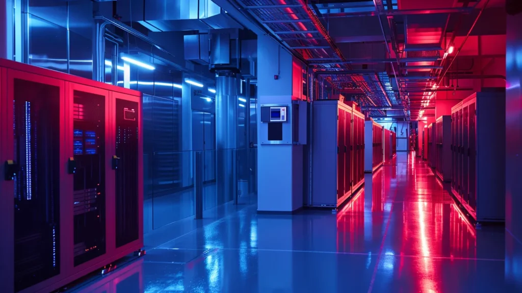 a panoramic view of a high-tech data center undergoing secure data disposal, illuminated by soft, ambient lighting that highlights advanced incineration equipment in action, symbolizing compliance with iso 27001 standards.