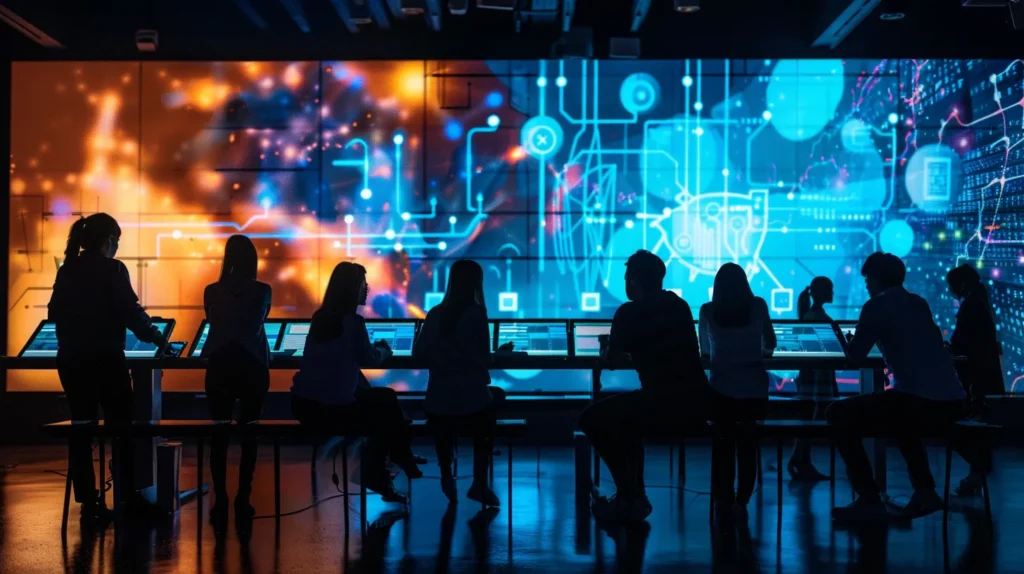 a powerful visual of a hands-on workshop where professionals analyze a digital risk assessment framework on a large interactive screen, silhouetted against a backdrop of cybersecurity graphics and data flow, illuminated by focused, dramatic lighting.