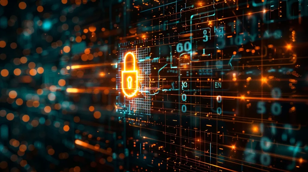 a secure digital environment showcasing a glowing, encrypted lock symbol against a backdrop of intricate data streams, emphasizing the importance of data integrity and confidentiality in information security management.