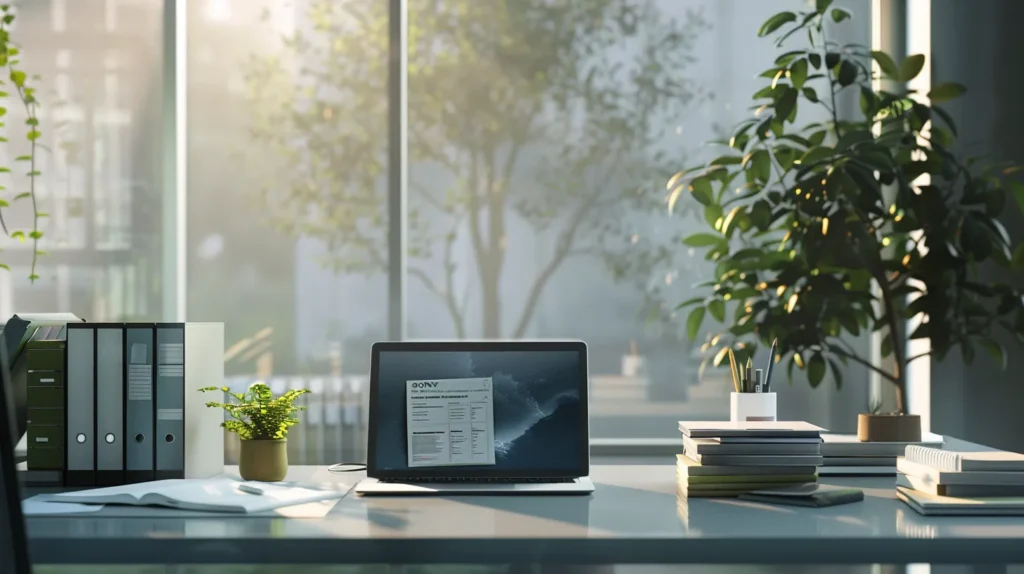 a serene office environment featuring a sleek, modern desk with an open laptop displaying a digital document on iso 27001 compliance, surrounded by stacks of informative white papers and a potted plant, softly illuminated by natural light cascading through a nearby window.