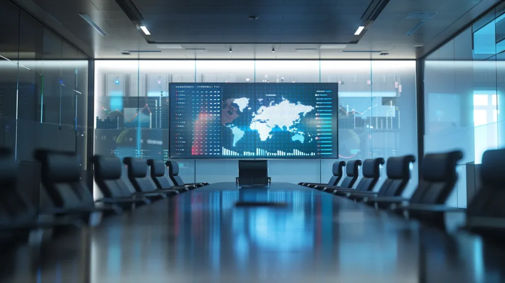 a sleek, modern conference room bathed in natural light, featuring a large digital display illustrating vibrant graphs and kpis, symbolizing the strategic pursuit of information security excellence and continuous improvement.