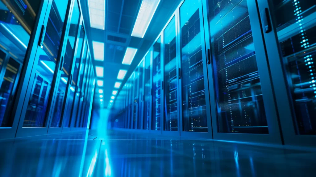 a sleek, modern data center bathed in cool blue lighting showcases secure servers encased in glass, symbolizing cutting-edge data encryption and robust cybersecurity measures in action.