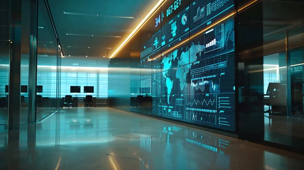 a sleek, modern office space bathed in soft, ambient light, featuring a large digital screen displaying dynamic data security visuals, symbolizing the structured approach of iso 27001 to prevent data breaches and enhance organizational trust.