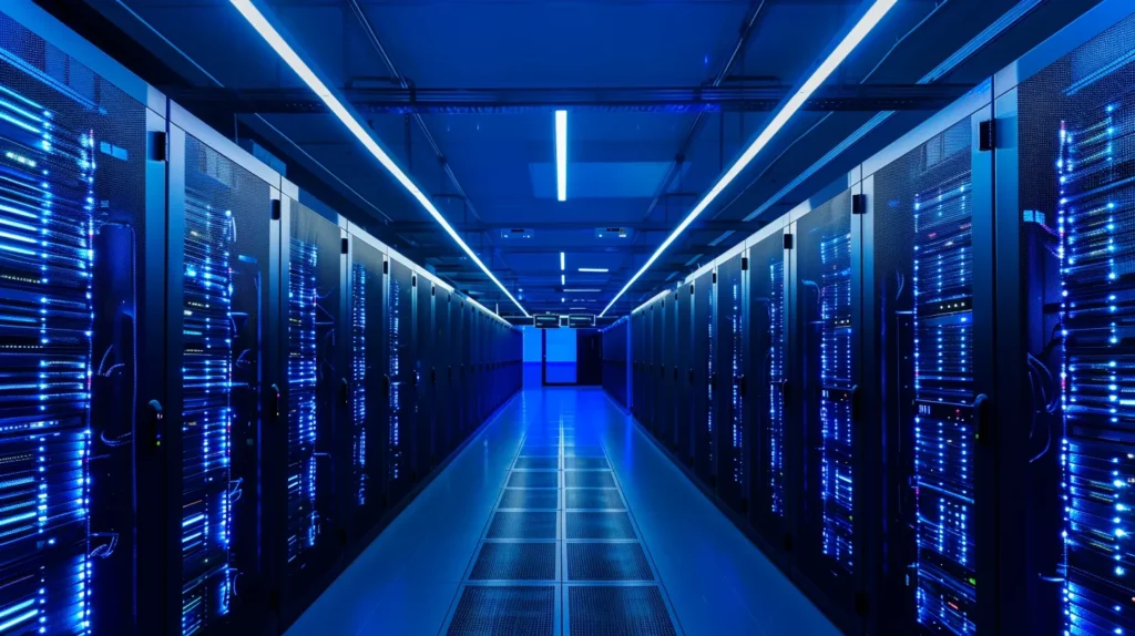 a sleek, modern server room illuminated by vibrant blue led lights showcases rows of advanced data encryption hardware, emphasizing the theme of robust data security.