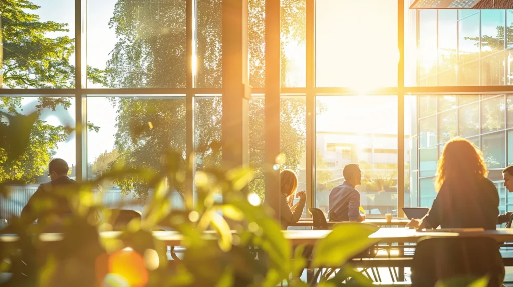 a vibrant office environment showcases an engaging training session, where employees of diverse backgrounds actively discuss strategies for secure data disposal and iso 27001 compliance, illuminated by soft, natural light streaming through large windows.