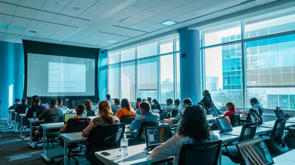 a vibrant training room filled with engaged employees attentively participating in a dynamic iso 27001 security workshop, illuminated by soft natural light filtering through large windows, emphasizing a culture of security awareness and collaboration.