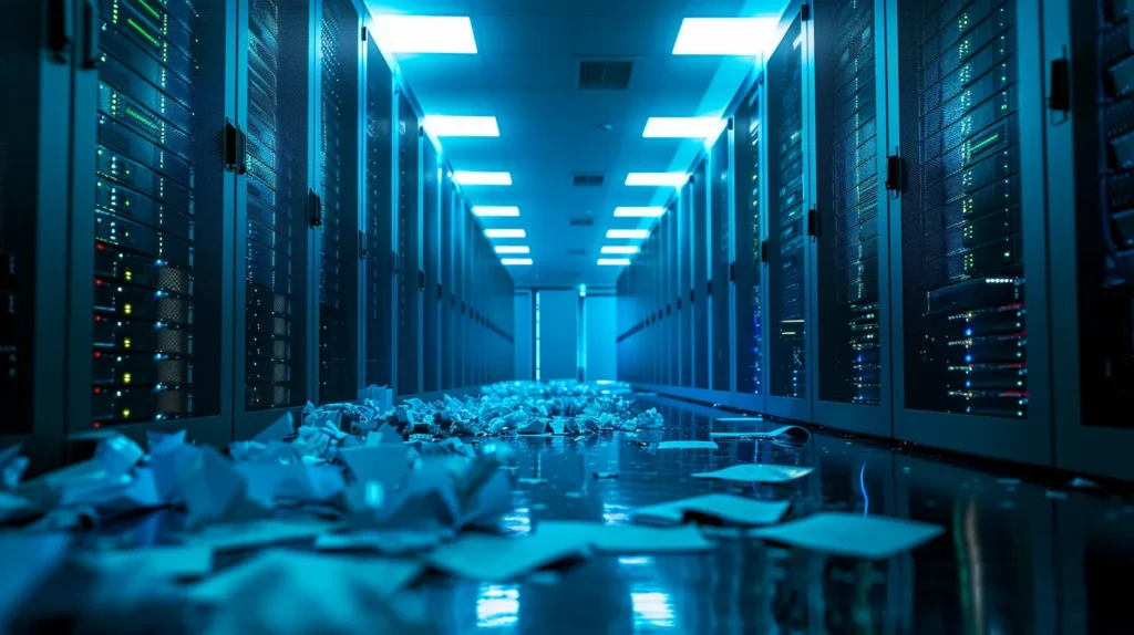 a visually striking, high-contrast image of a modern data center illuminated by cool blue lighting, featuring securely locked servers and symbolic shredded documents scattered on the floor, emphasizing the theme of secure data disposal aligned with iso 27001 standards.