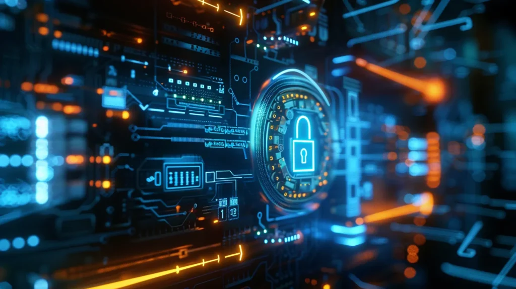 a visually striking scene depicts a digital lock symbolizing cybersecurity, surrounded by glowing circuits representing symmetric and asymmetric encryption methods, all bathed in a blue-toned, high-tech ambiance.