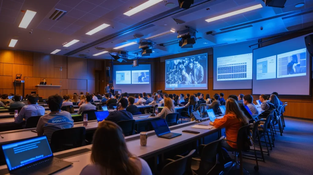 a vivid classroom setting filled with engaged professionals participating in an interactive iso 27001 training session, illuminated by soft, focused lighting to create a productive and inspiring atmosphere.