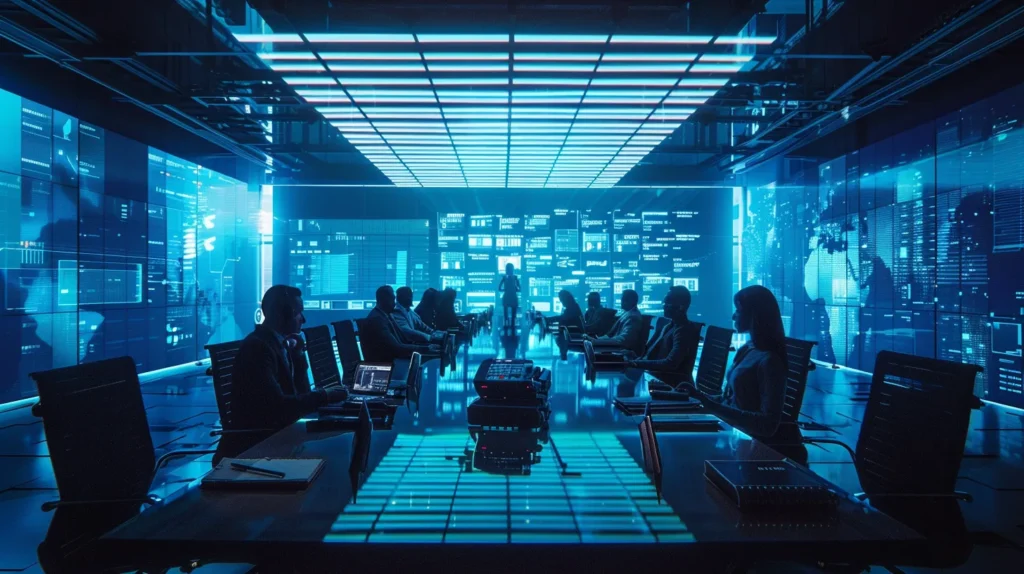 a well-organized conference room, illuminated by soft overhead lights, showcases a diverse team engaged in an intense brainstorming session around a large table filled with digital devices and charts, embodying a proactive approach to developing an iso 27001-compliant data breach response plan.