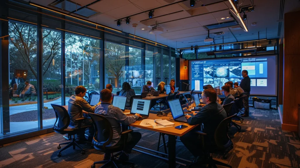 an engaging training room filled with attentive employees surrounded by clear visuals of cybersecurity principles, illuminated by soft, focused lighting creating a professional and inspiring atmosphere.