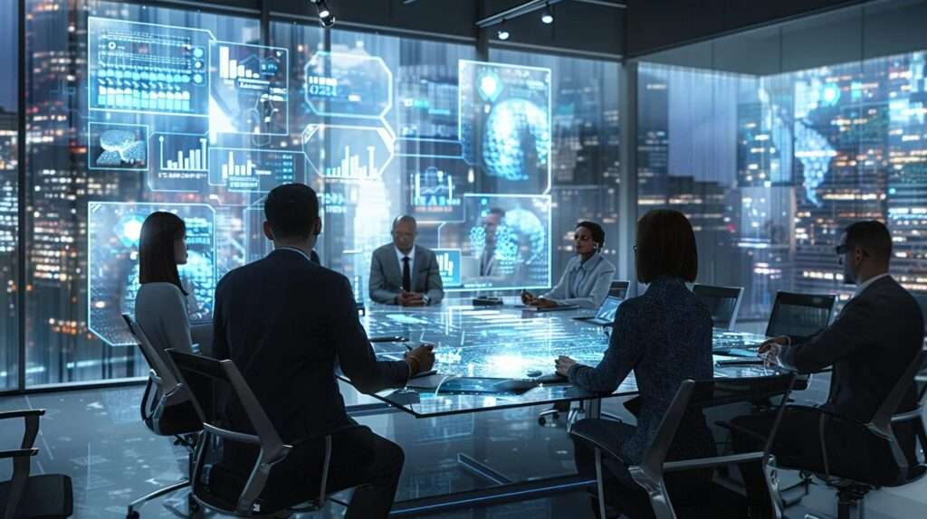 a bustling modern office setting showcases a diverse team engaged in a collaborative meeting around a sleek table, with digital screens displaying interconnected compliance frameworks and infographics illustrating the integration of iso 27001 with pci dss, gdpr, and iso 9001, embodying a dynamic approach to streamlined security management.