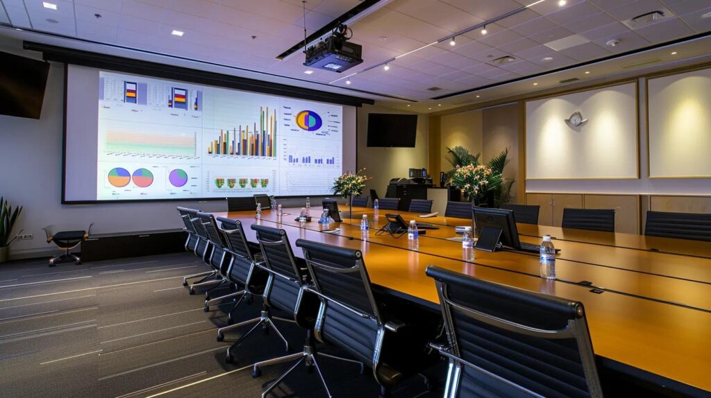 a focused business presentation unfolds in a modern conference room, featuring a sleek projector screen displaying vibrant charts and graphs, as executives engaged in discussion analyze the critical risk assessment findings with a sense of urgency.