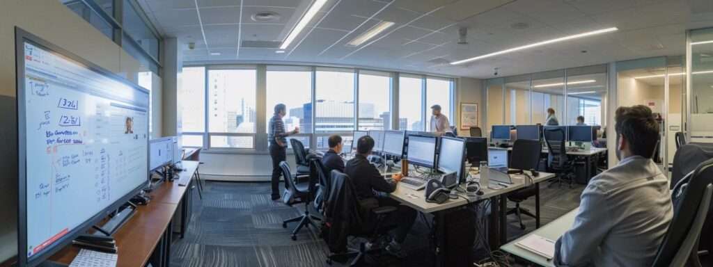 a focused office setting showcases a diverse team engaged in a strategic whiteboard discussion, surrounded by iso 27001 documentation materials and digital devices, illustrating the dynamic process of overcoming documentation challenges in information security.