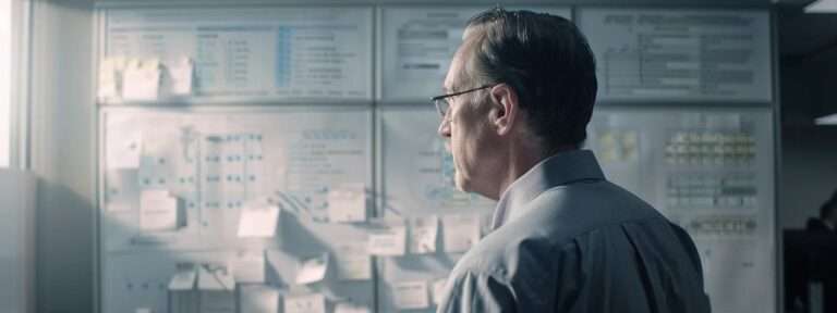Man in a business shirt looking at a wall covered with charts and notes, reflecting on internal audit processes and ISO 42001 certification preparation.