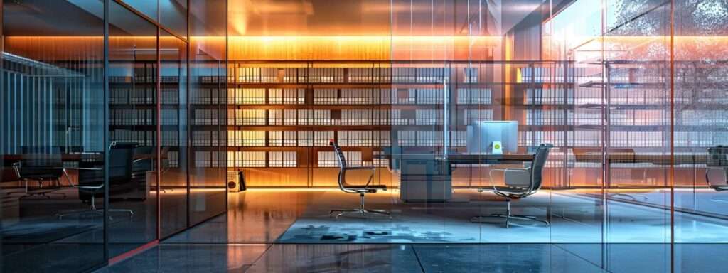 a modern office environment showcases a sleek conference room with organised stacks of meticulously labelled iso 27001 documentation, illuminated by warm, focused lighting, emphasising the importance of structured information security management.