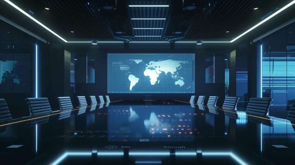 a modern office environment with a sleek conference table, featuring a large digital screen displaying a detailed comparison chart of iso 27001 against other security standards, illuminated by focused overhead lighting that highlights the strategic importance of cybersecurity measures.