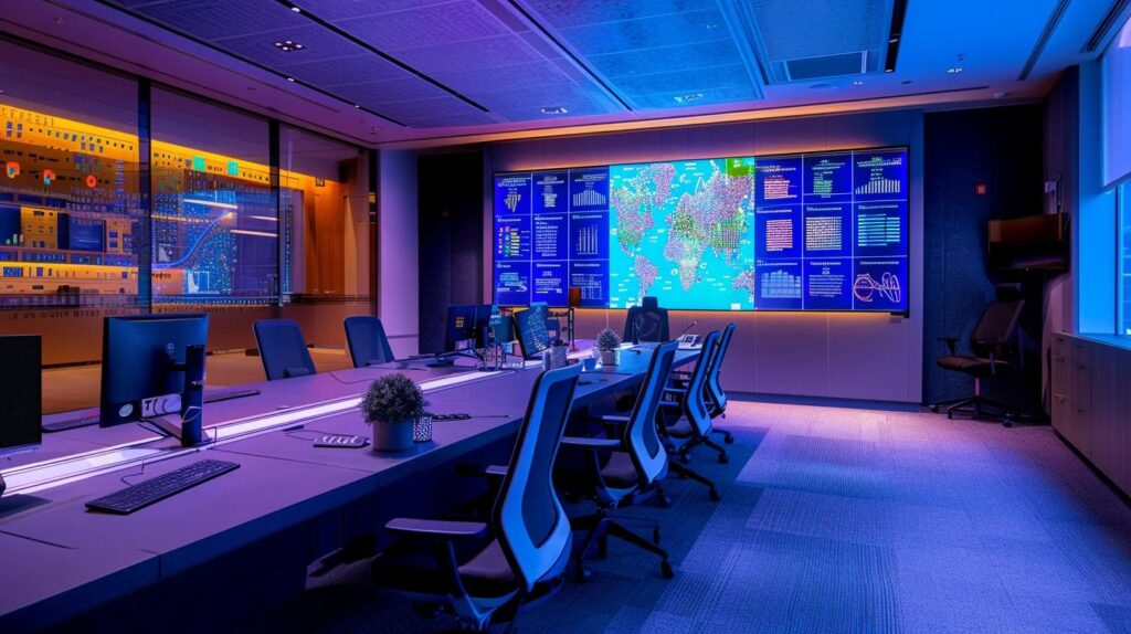 a modern office meeting room showcases a diverse team collaboratively reviewing a comprehensive iso 27001 risk assessment report, with visual aids like risk matrices prominently displayed on a large screen, emphasizing clarity and structured insights.