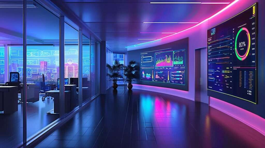 a modern office space featuring a sleek, digital dashboard displaying real-time cybersecurity data and ai analytics, illuminated by vibrant, futuristic lighting to emphasise the evolution of security standards in the age of technology.
