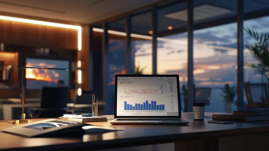 a modern office workspace, featuring a sleek desk with an open iso 27001 risk assessment report, a laptop displaying graphs on security metrics, and a confident auditor reviewing the document under focused, warm lighting.
