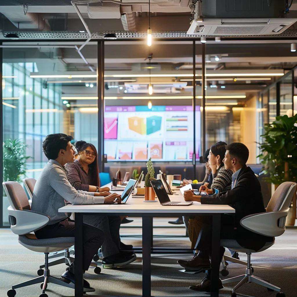 a modern, well-lit office space showcases a diverse team gathered around a sleek conference table, intently discussing colorful iso 9001 templates displayed on digital screens, symbolizing the process of customization and quality management.