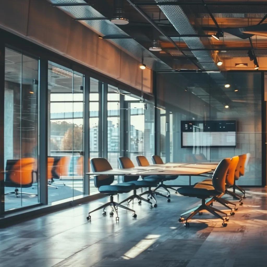 a polished conference room features a modern table surrounded by high-backed chairs, where a professional is presenting a dynamic digital report on iso 27001 risk treatment plans projected onto a sleek screen, emphasizing clarity and accountability through vibrant visuals and concise data summaries.
