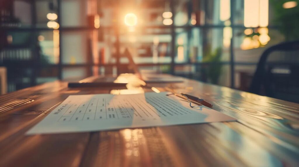 a professional office setting features an elegantly arranged iso 27001 risk assessment report template displayed on a sleek wooden desk, highlighted by focused lighting that emphasizes its structured sections and customized elements, embodying the importance of consistency and clarity in compliance documentation.