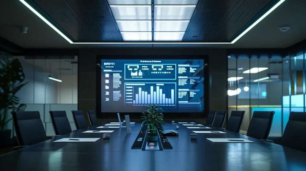 a sleek, modern conference room with a large screen displaying a detailed comparison chart of iso 27001 and other security standards, illuminated by sharp overhead lights that enhance the professional atmosphere.