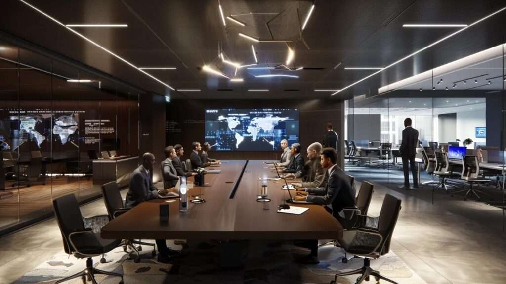 a sleek, modern office environment filled with diverse professionals engaged in a strategic discussion around a large table, prominently featuring the iso 27001 certificate displayed as a symbol of trust and superior security credentials.